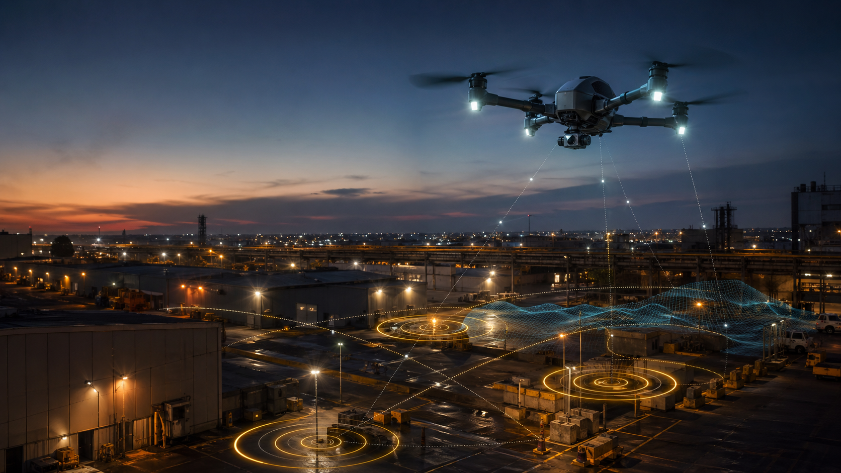 Industrial drone flying above a city at dusk
