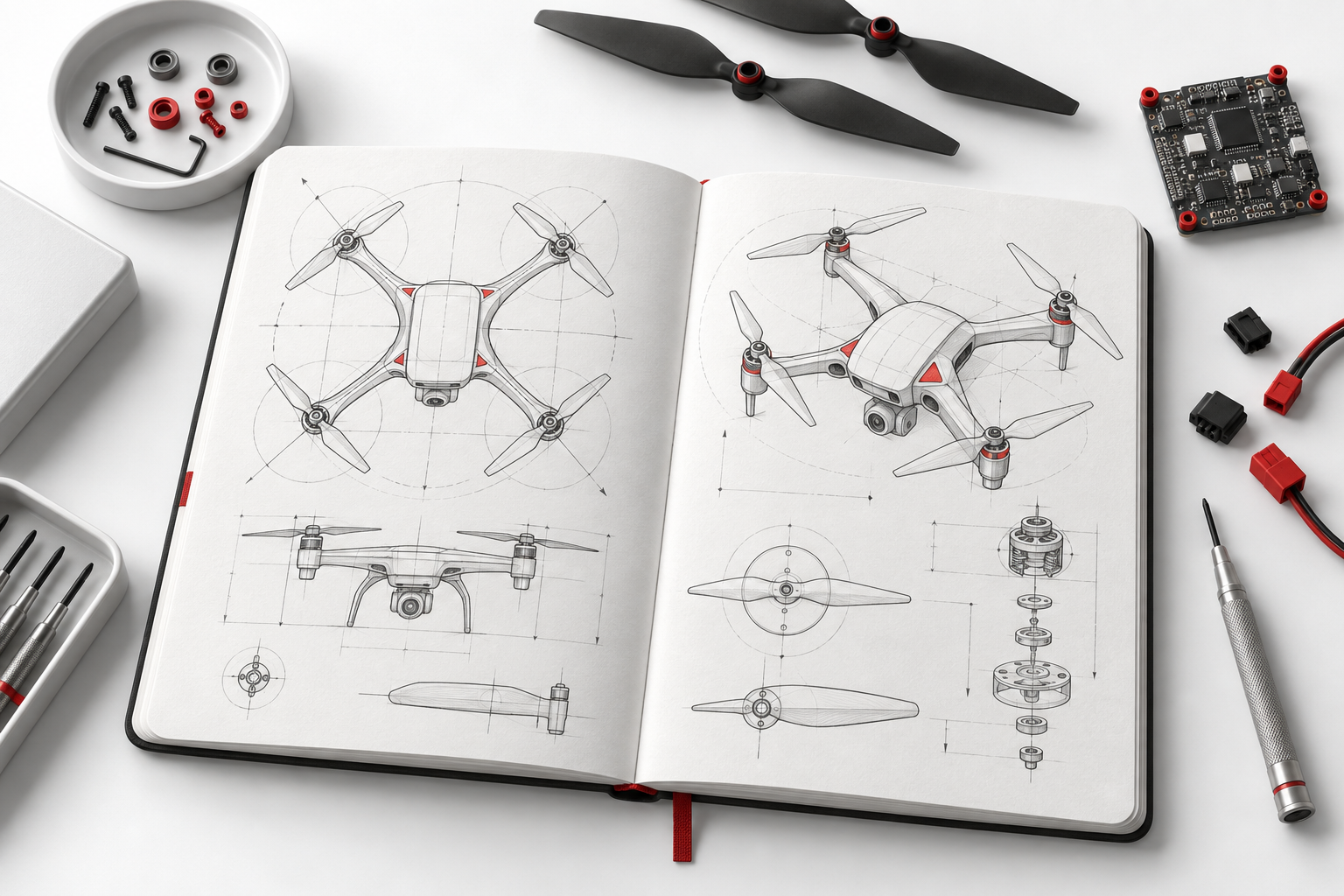 An idea notebook and drone components illustrating the start of development