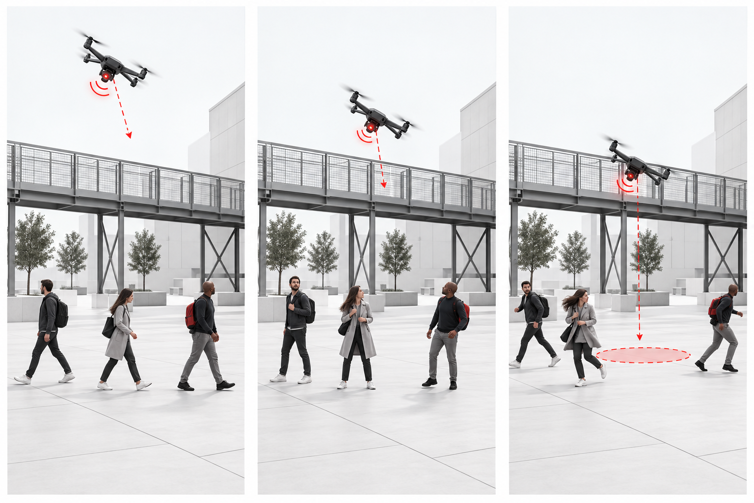 Three-panel concept: abnormal drone descent, pedestrians noticing a warning, and moving away from the projected impact area